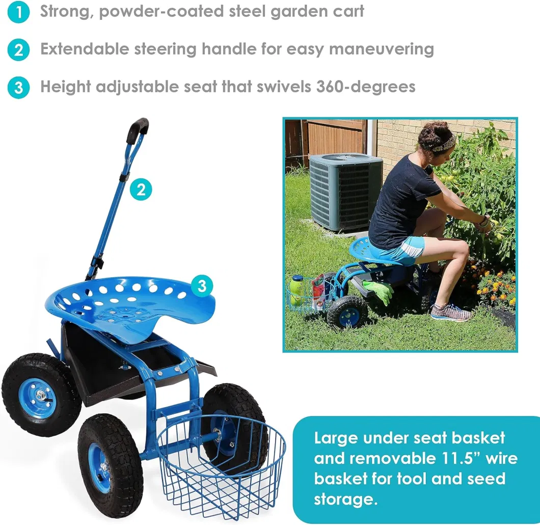 Rolling Garden Cart with Work Seat, Basket, and Tray