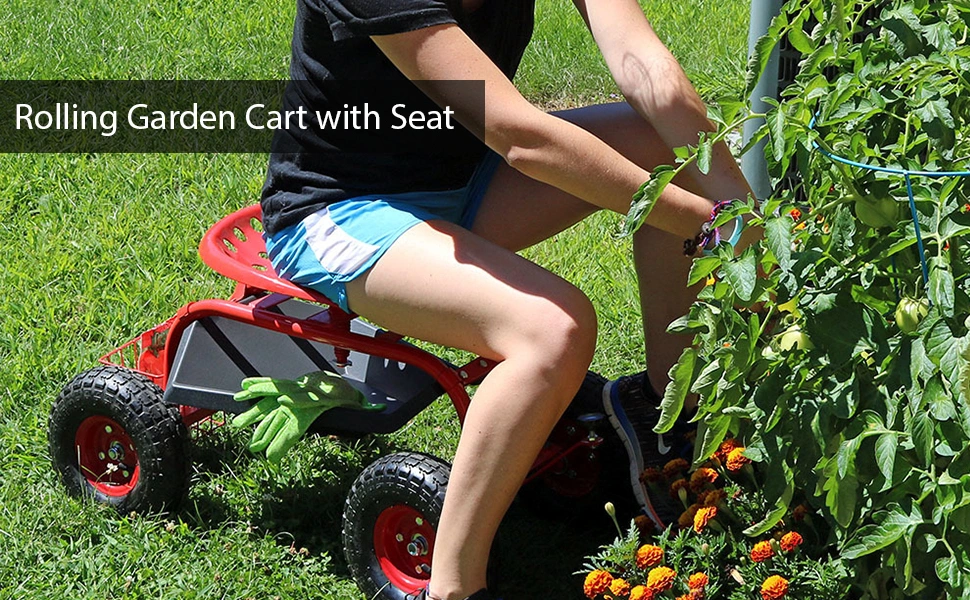 Rolling Garden Cart with Work Seat, Basket, and Tray