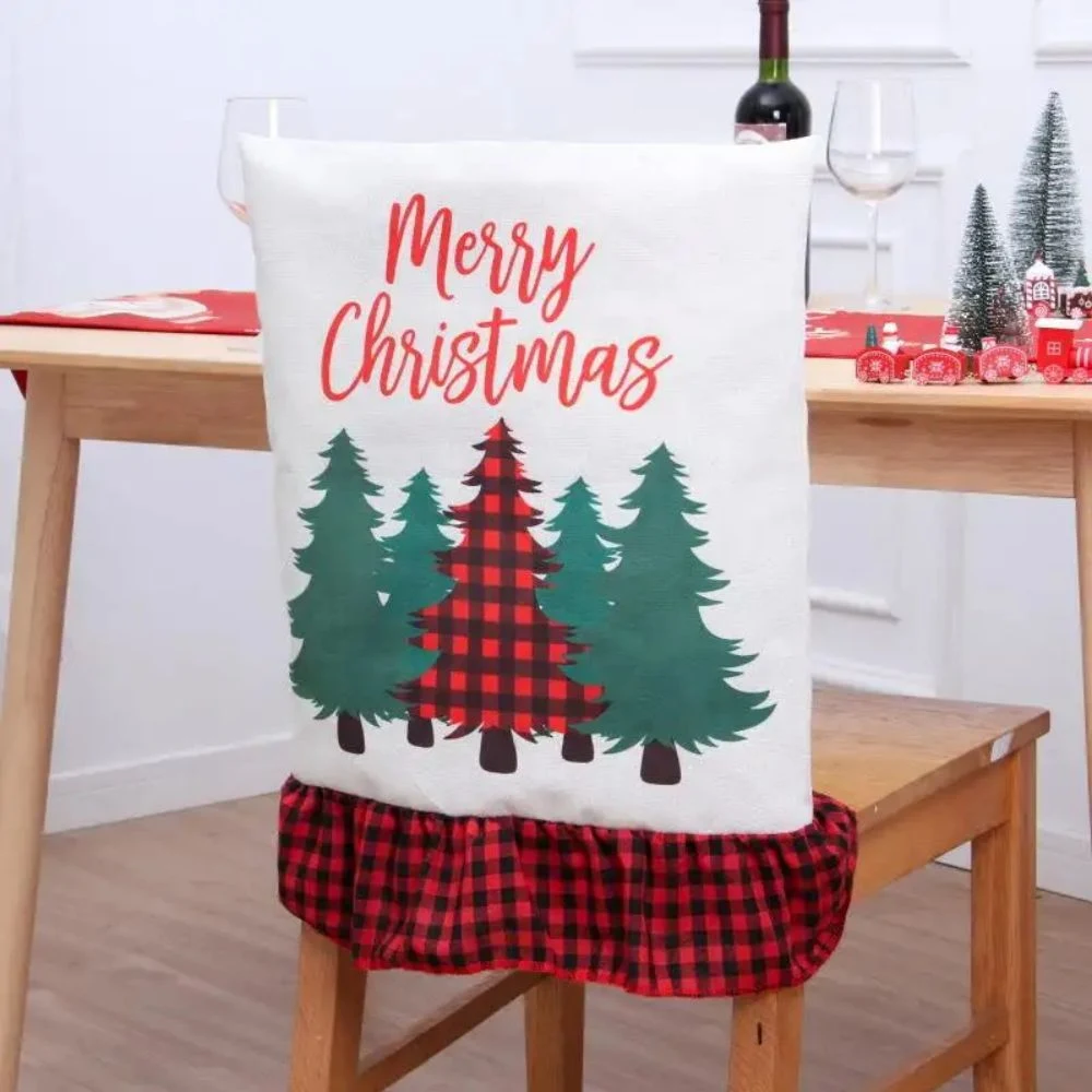 Cartoon Santa Print Christmas Chair Back Seat Cover Decoration Buffalo Plaid