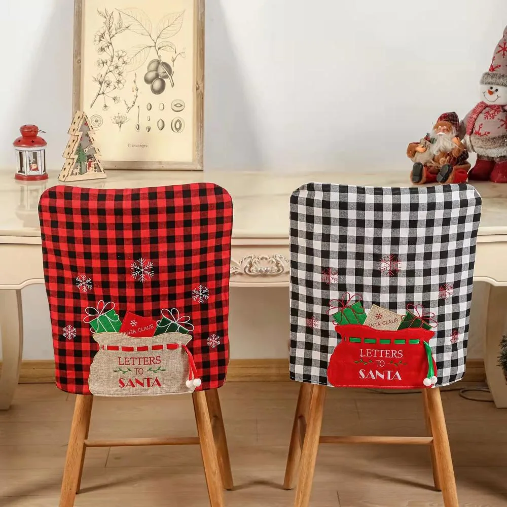 Cartoon Santa Print Christmas Chair Back Seat Cover Decoration Buffalo Plaid