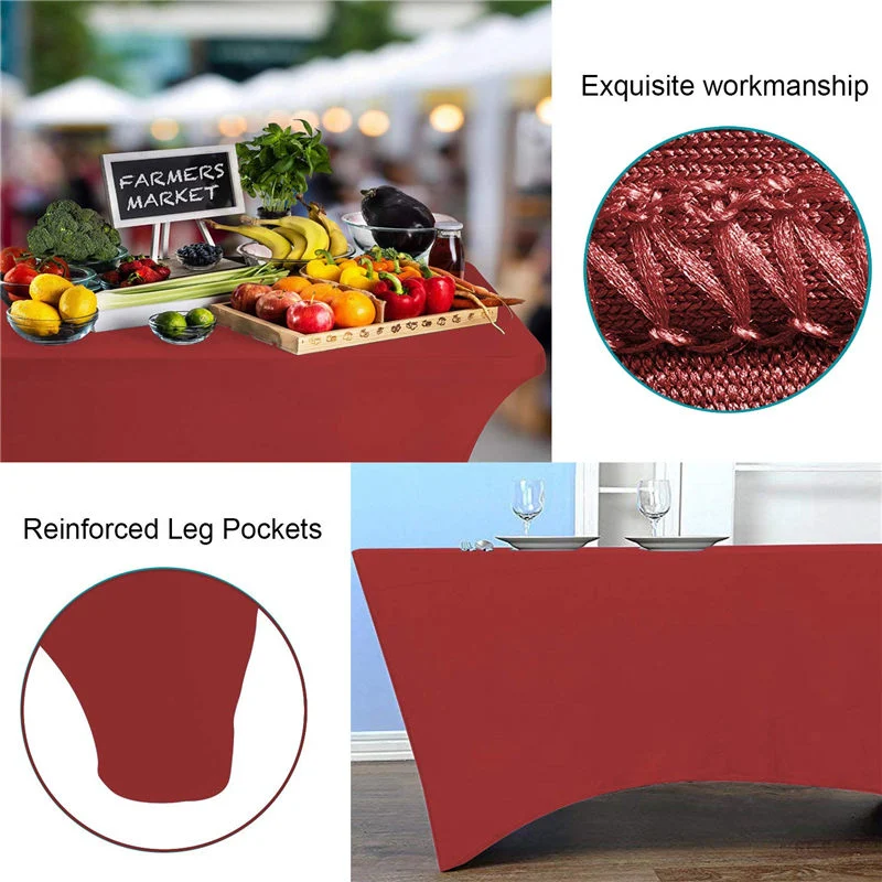 Oblong Fitted Spandex Table Cover Red 8FT Pure Polyester Wrinkle Free for Folding Tables