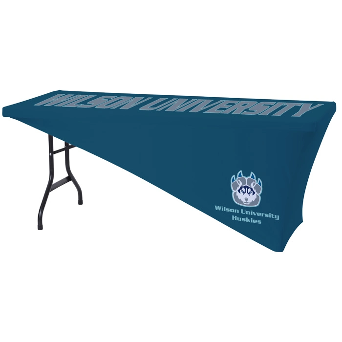 Custom Designs 6FT 5FT 8FT Fitted Stretch Spandex Fabric Bar Table Throw Cover for Polyester Printed Logo Cocktail Wedding Party Trade Show Event Decoration