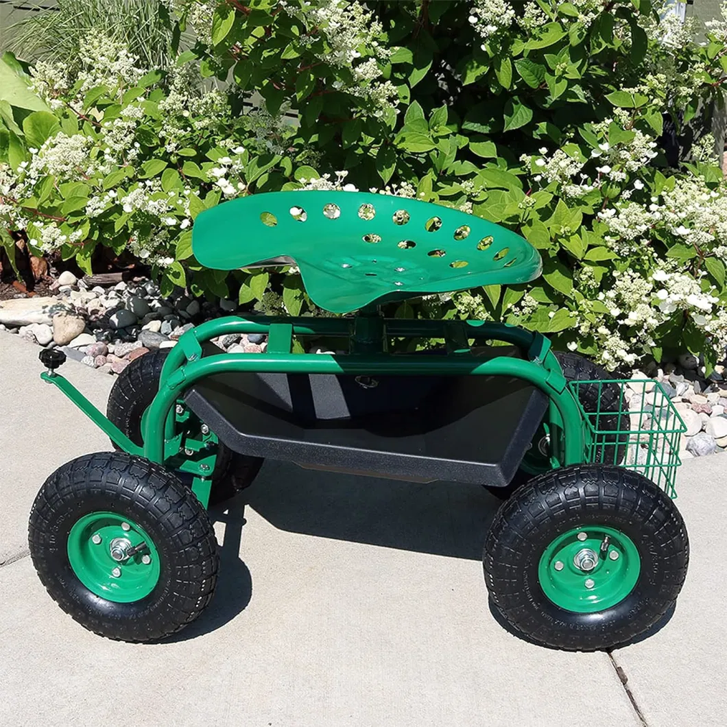 Rolling Garden Cart with Work Seat, Basket, and Tray