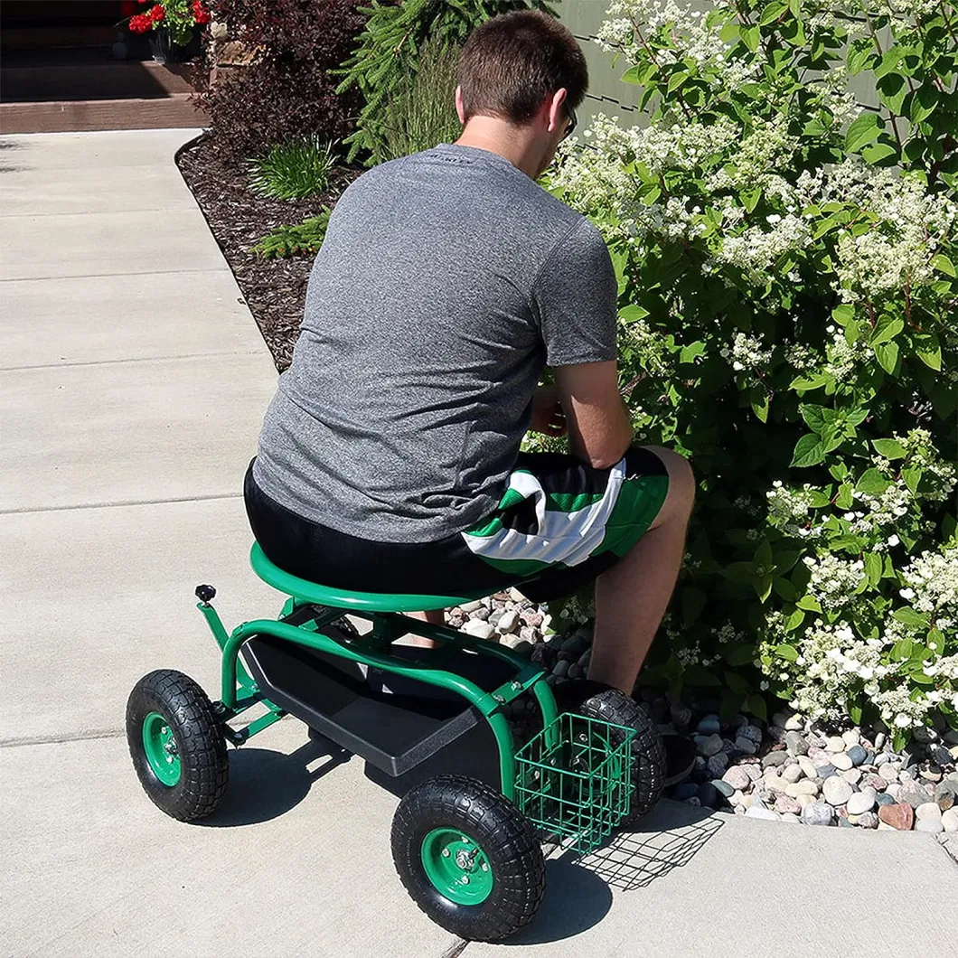 Rolling Garden Cart with Work Seat, Basket, and Tray