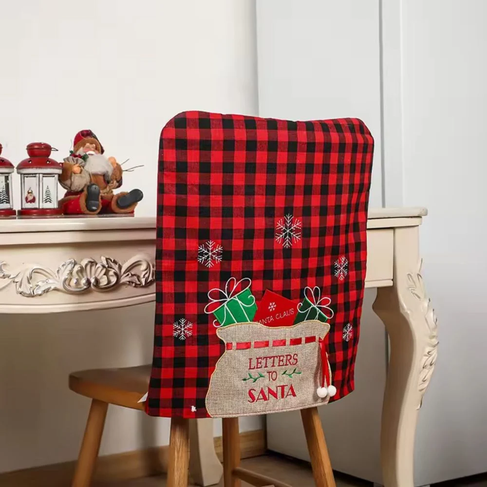 Cartoon Santa Print Christmas Chair Back Seat Cover Decoration Buffalo Plaid