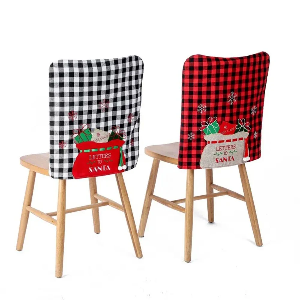 Cartoon Santa Print Christmas Chair Back Seat Cover Decoration Buffalo Plaid