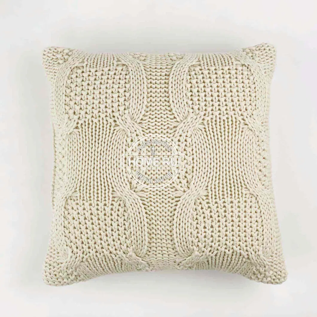 Manufacturer Beige Cable Knit Decorative Throw Pillow Cover Sweater Square Warm for Couch Bed Home Living Room Sofa Accent Decor Cushion