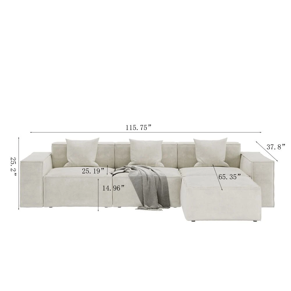 115.75 Modular Sofa with L-Shape Sofa with Track Arm, Deep Seater Couch, Anti-Scratch and Water-Proof, Beige