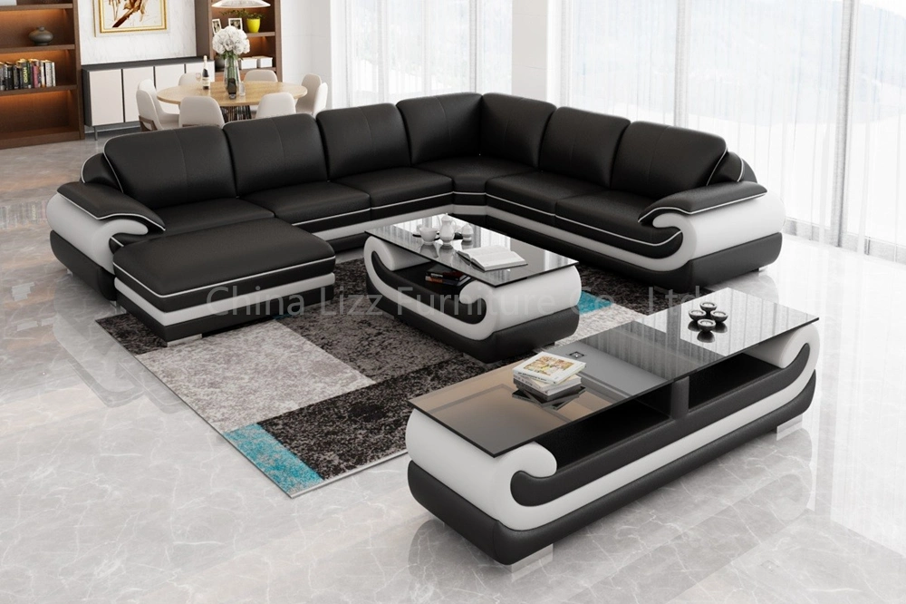 Corner L Shape Office Modular Genuine Leather Sofa with Ottoman