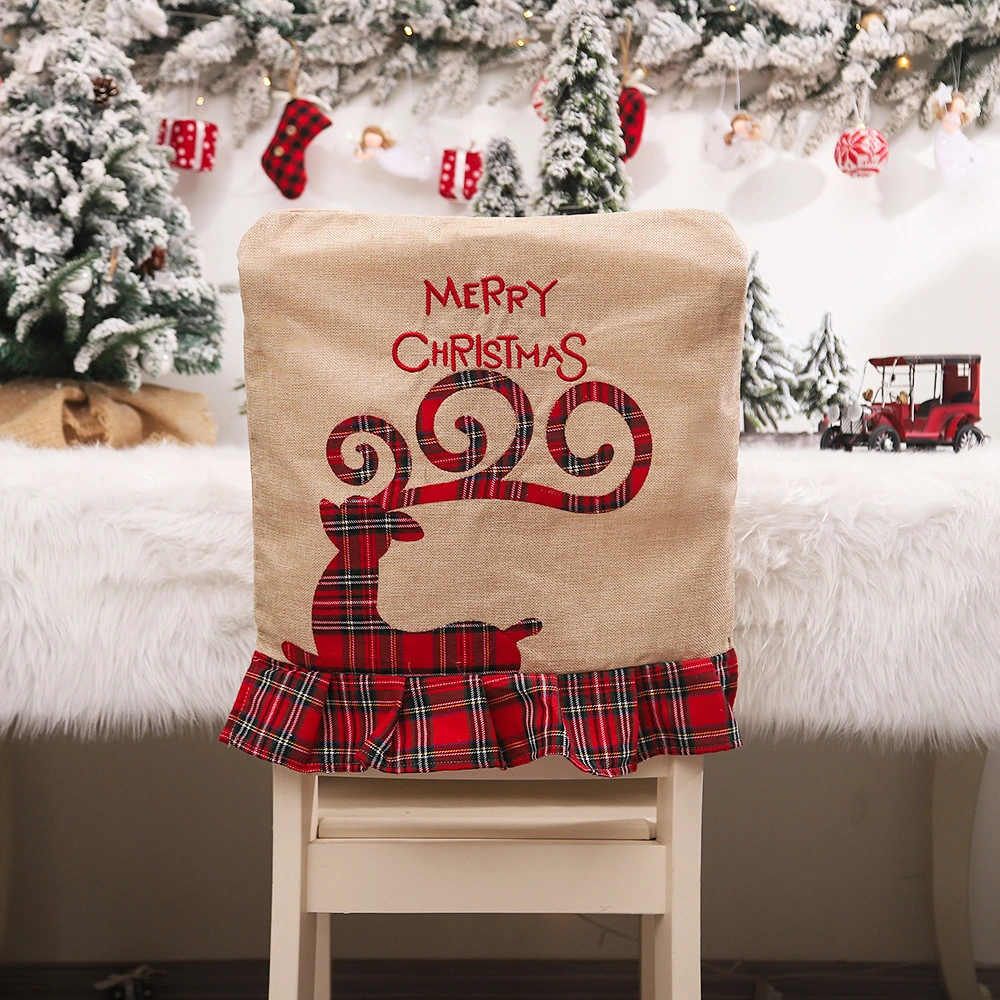 Christmas Burlap Embroidery Old Man Snowman Lace Chair Back Cover Decoration