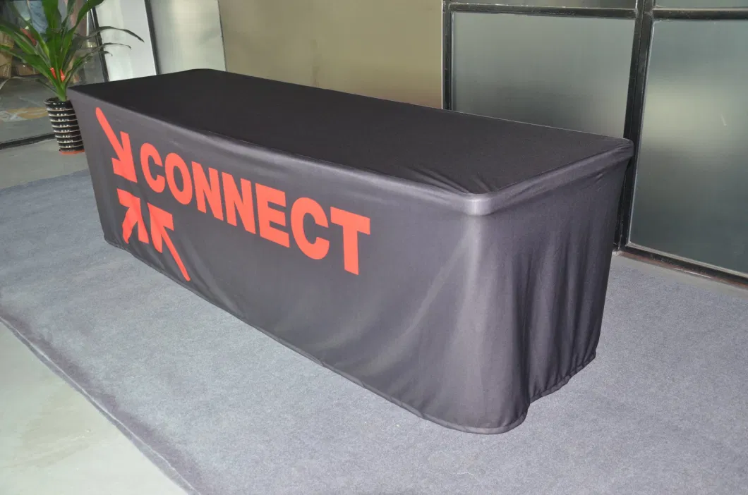 6FT 8FT Custom Fabric Polyester Advertising Printed Loose Table Throw Exhibition Spandex Stretch Table Cloth Trade Show Fitted Table Cover for Event