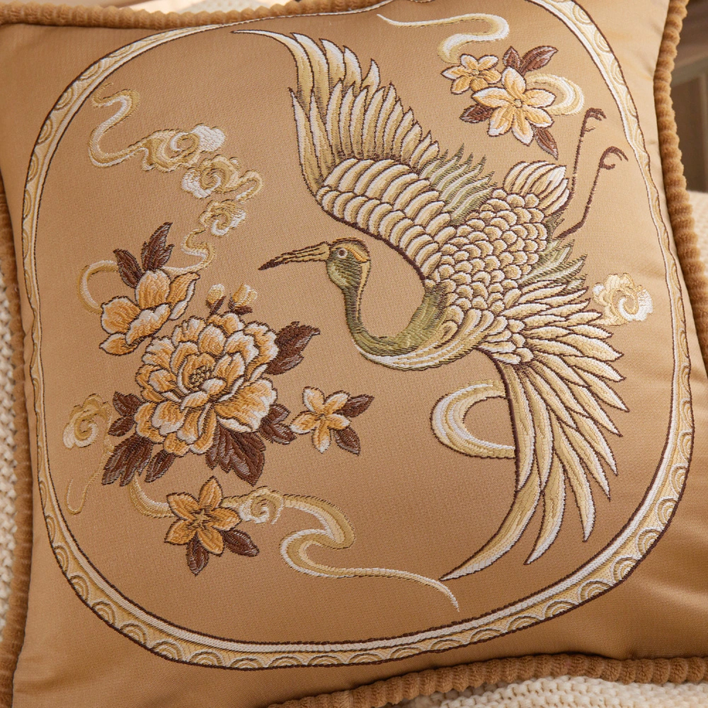 Elegant and Luxurious Chinese Crane Patterned Cushion Cover