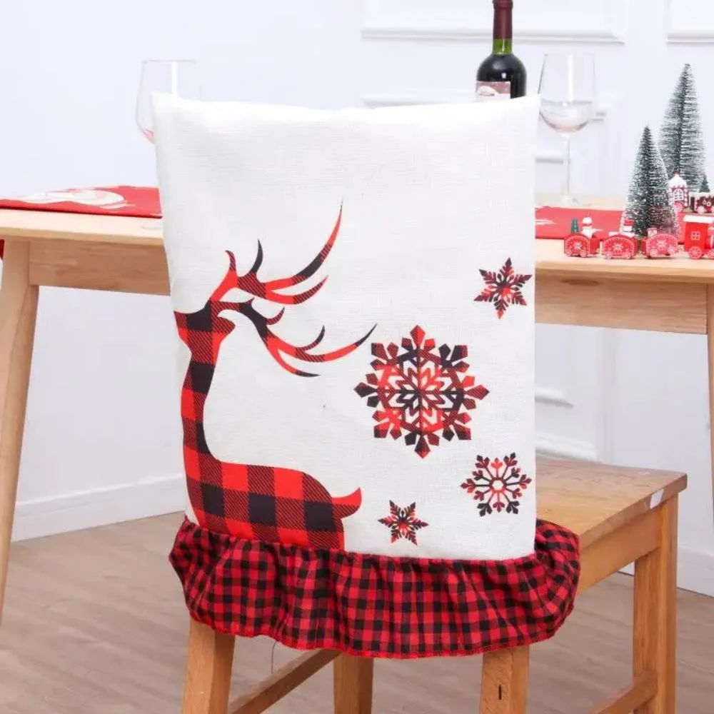 Cartoon Santa Print Christmas Chair Back Seat Cover Decoration Buffalo Plaid