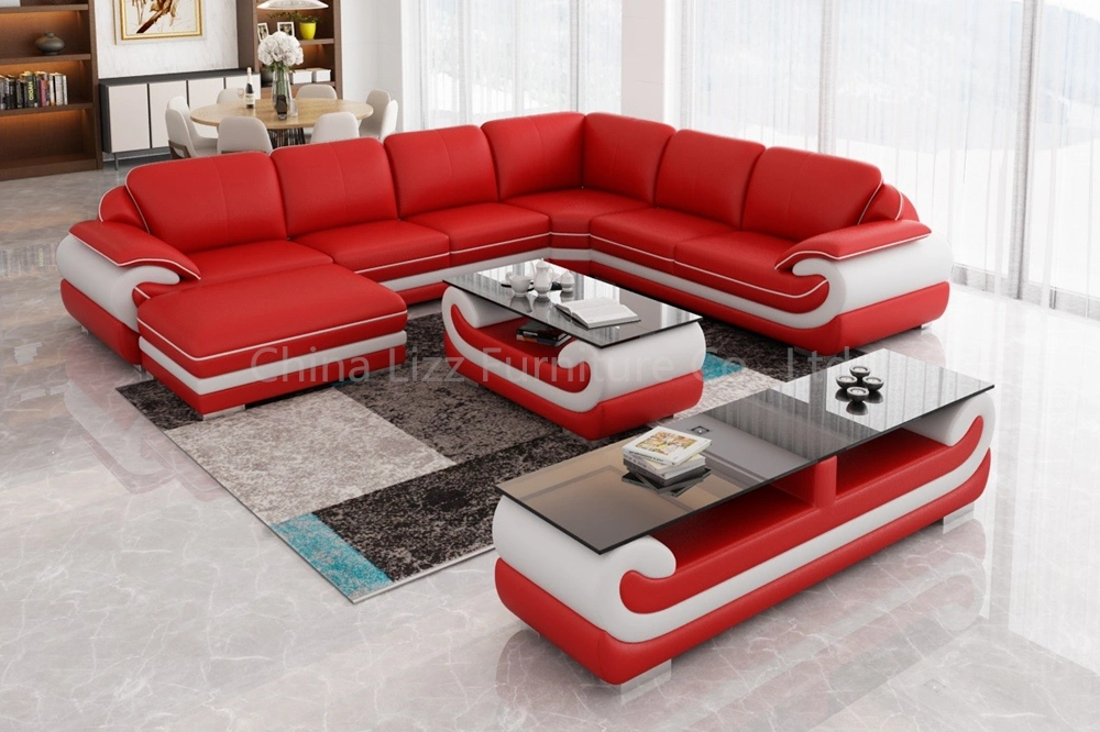 Corner L Shape Office Modular Genuine Leather Sofa with Ottoman