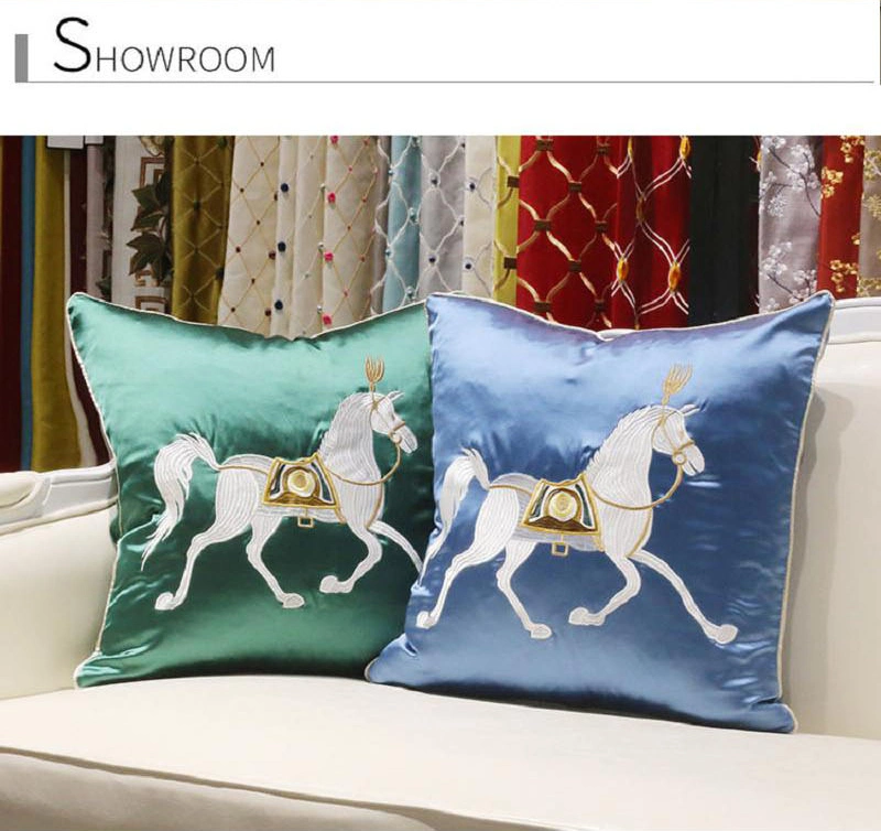 Hotel Supply Sofa Embroidery Horse Light Blue Decorate Throw Pillow Covers