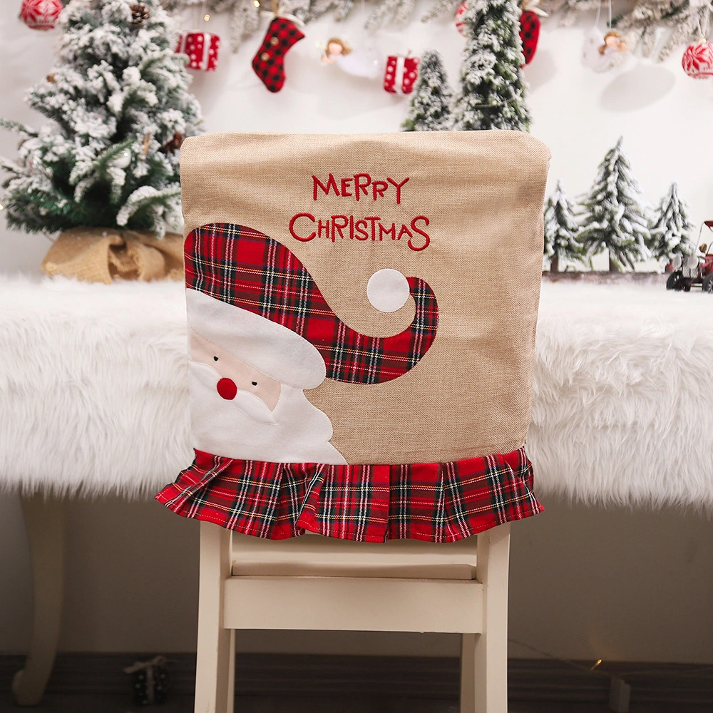 Christmas Burlap Embroidery Old Man Snowman Lace Chair Back Cover Decoration