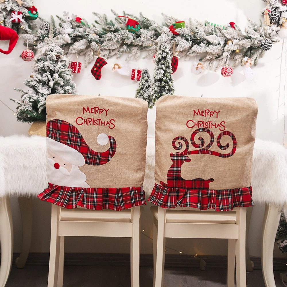 Christmas Burlap Embroidery Old Man Snowman Lace Chair Back Cover Decoration