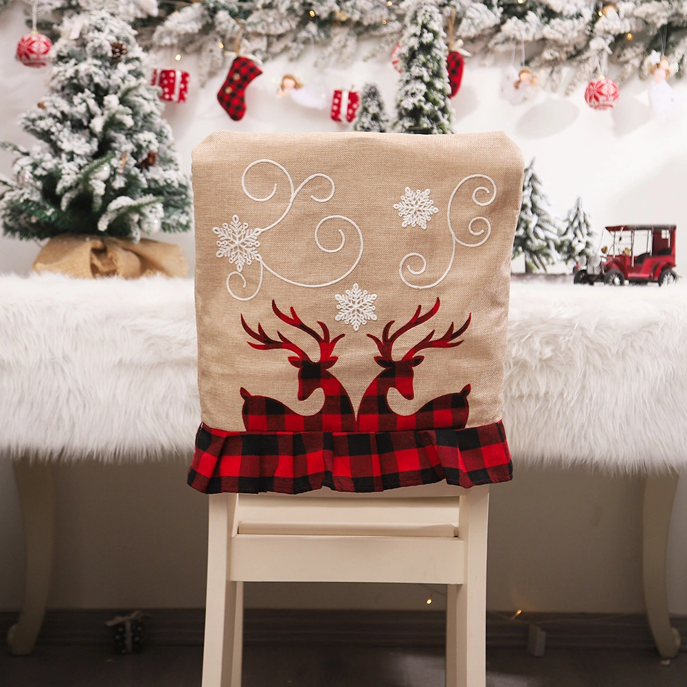 Christmas Burlap Embroidery Old Man Snowman Lace Chair Back Cover Decoration