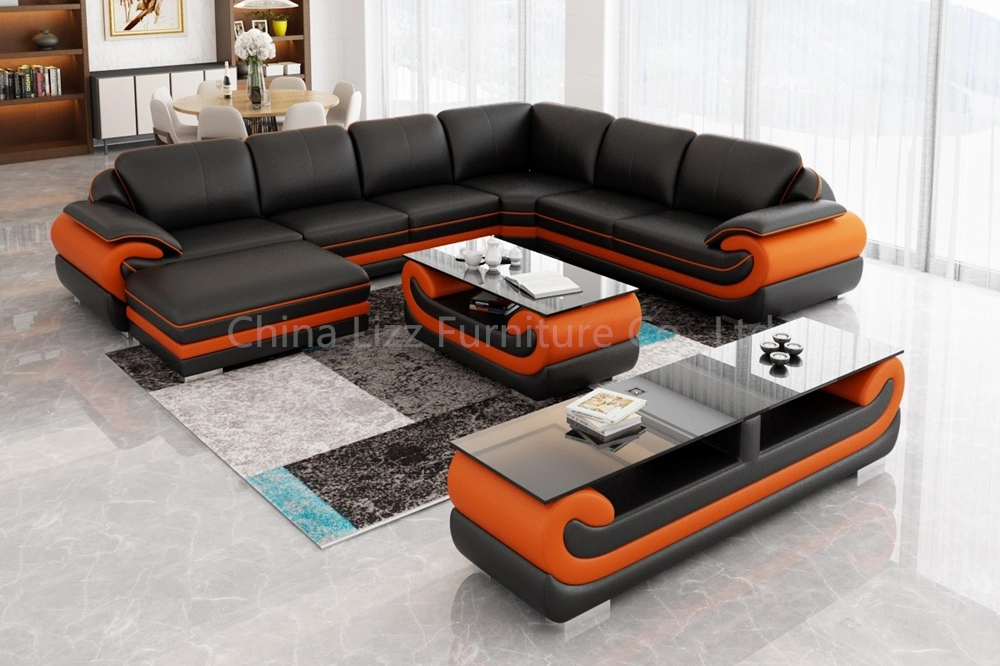 Corner L Shape Office Modular Genuine Leather Sofa with Ottoman