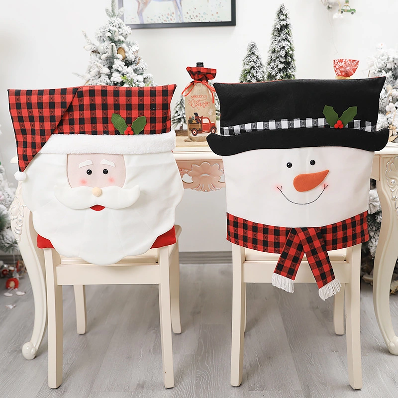 Family Christmas Decorations Red and Black Grid Creative Cartoon Couple Old Man Chair Cover Table and Chair Back Cover for Decoration