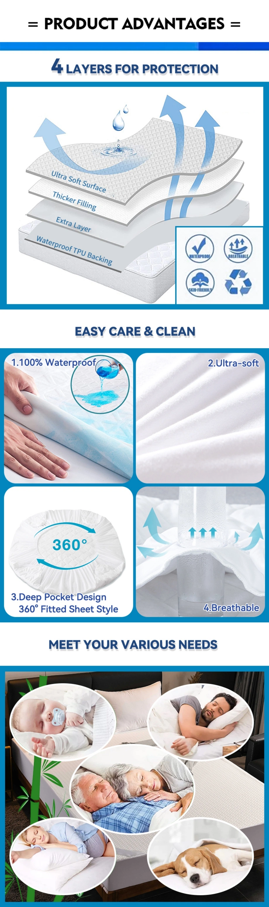 Wholesale Quilted Waterproof Cooling Hypoallergenic Breathable Ultra Soft Mattress Protector Mattress Cover