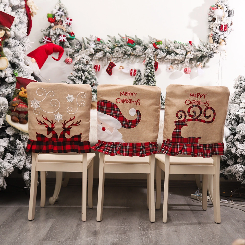 Christmas Burlap Embroidery Old Man Snowman Lace Chair Back Cover Decoration