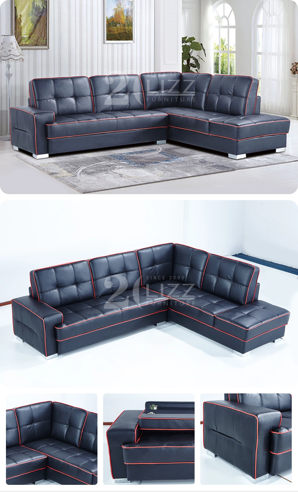 L Shape Modern Leather Sofa with Stainiless Steel Legs