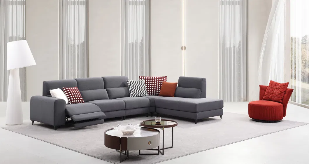 Modrn Uphostered Gray Fabric Sectional Corner Sofa with Lounger Power Recliner