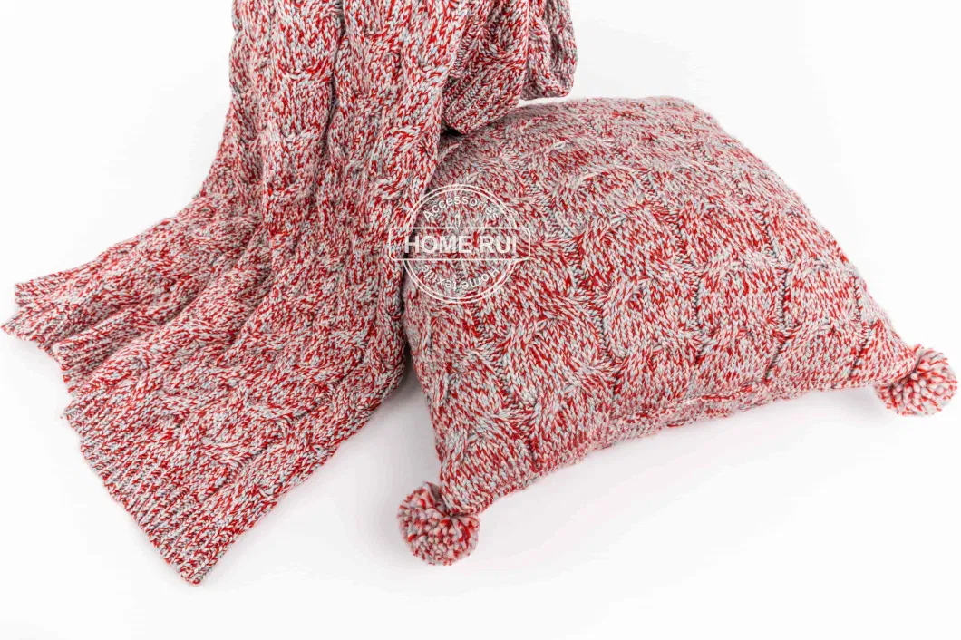 Latest Design Home Textile Set Custom Winter D&eacute; Cor Pink Soft Melange Textured Cable Knitted POM POM Pillow Cushion Throw Blanket