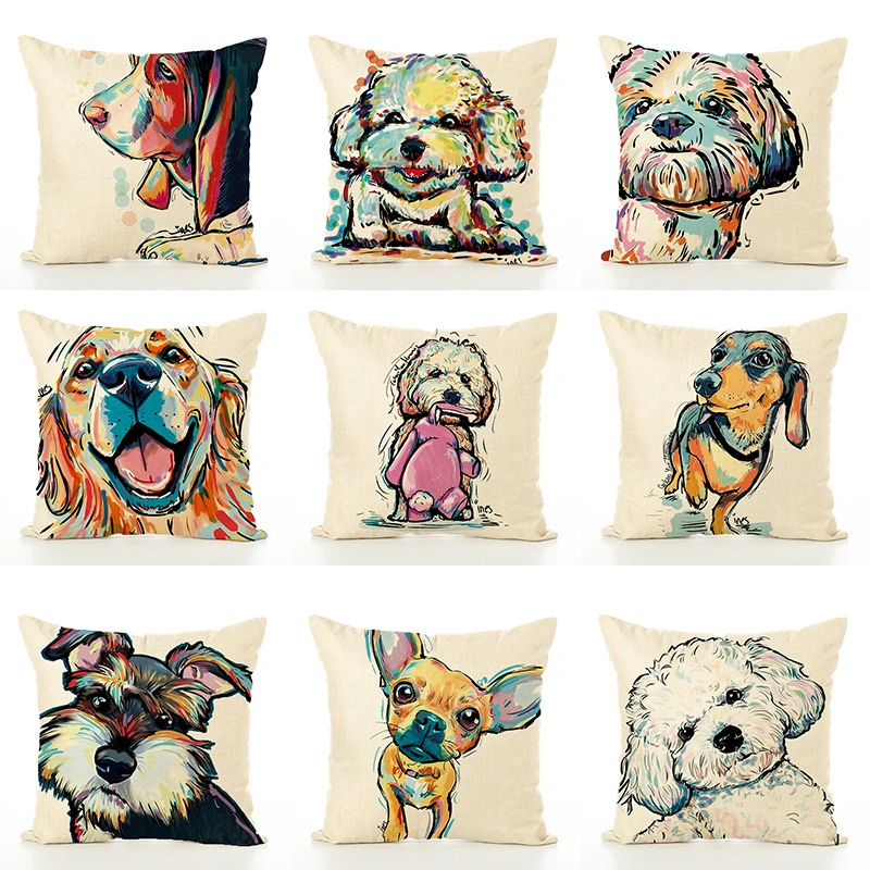 Ready to Ship Painted Dog Linen Decorative Cute Office Home Sofa Seat Cushion Cover