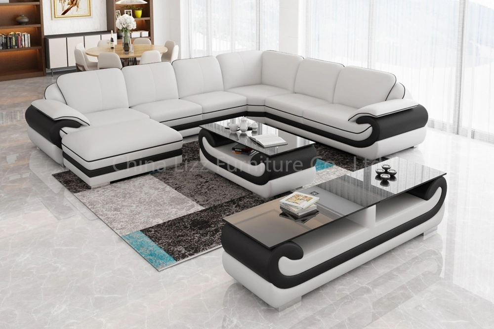 Corner L Shape Office Modular Genuine Leather Sofa with Ottoman