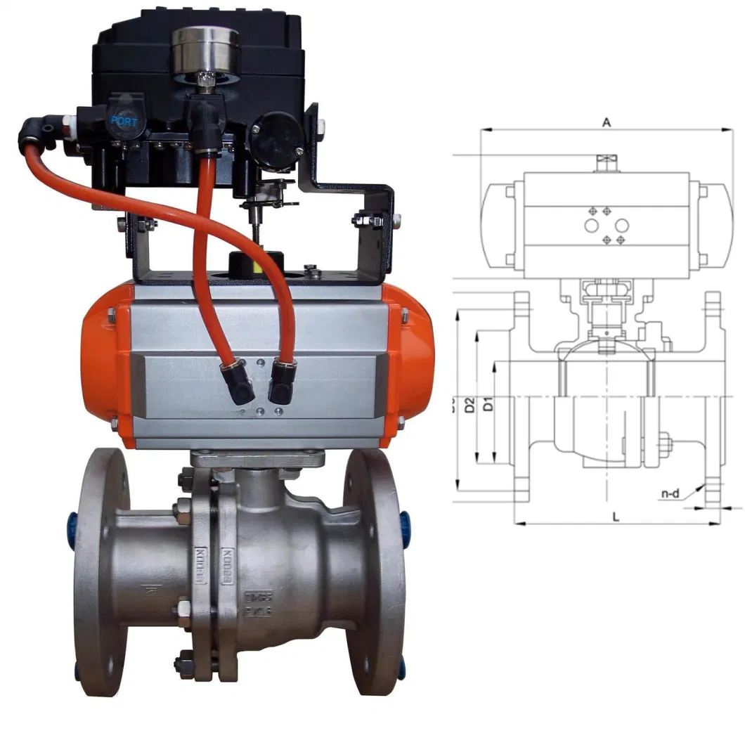 DN80 3 Inch 2 Way Double Flange Type Remote Operated Stainless Steel Pneumatic Actuated Ball Valve