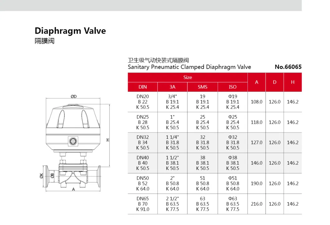 Hygienic Stainless Steel Clamped Pneumatic Actuator Diaphragm Valves