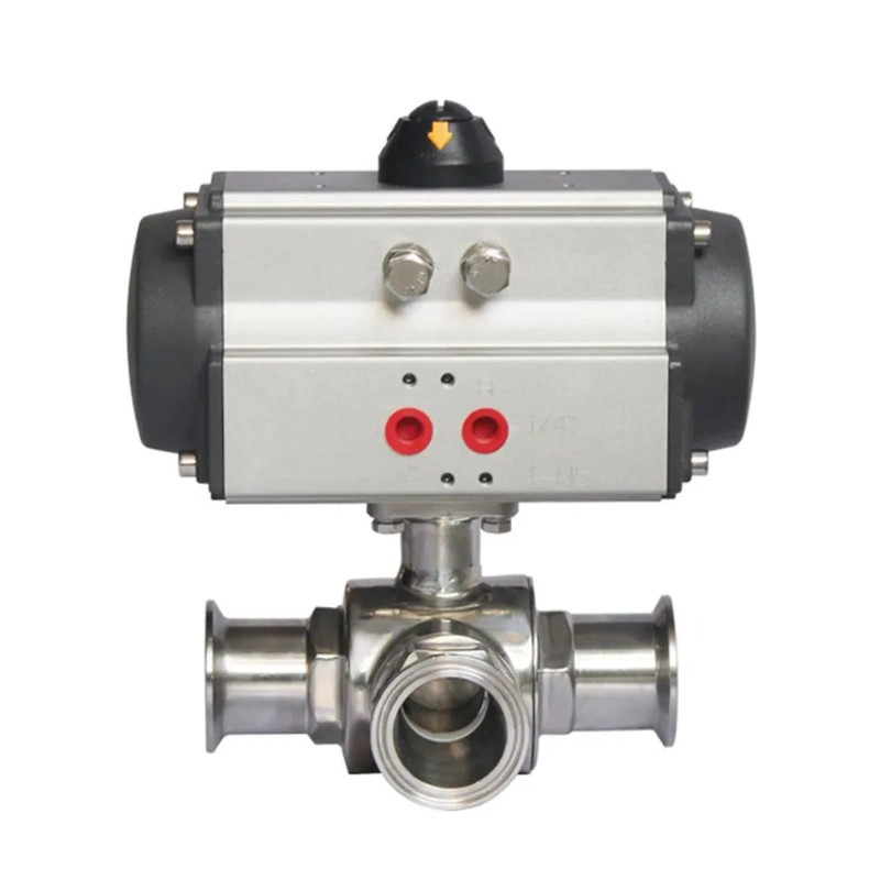 3 Way Tri Clamp Sanitary 304 Stainless Steel Pneumatic Actuated Food Grade Ball Valve