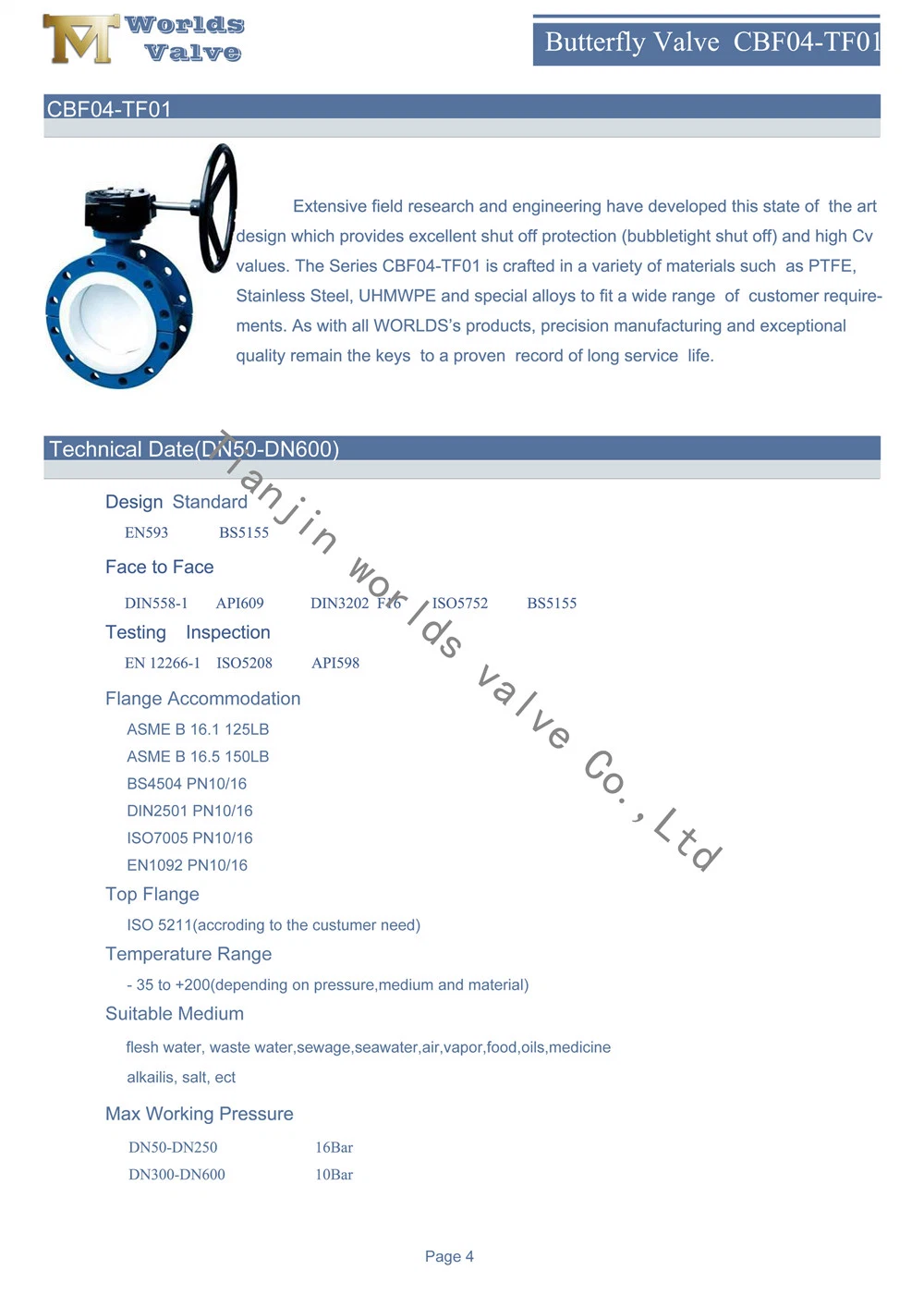 PFA Lining Double Flange Butterfly Valve C/W Worm Gear/Iornlever /Aluminum Lever/Electric/Pneumatic Actuator