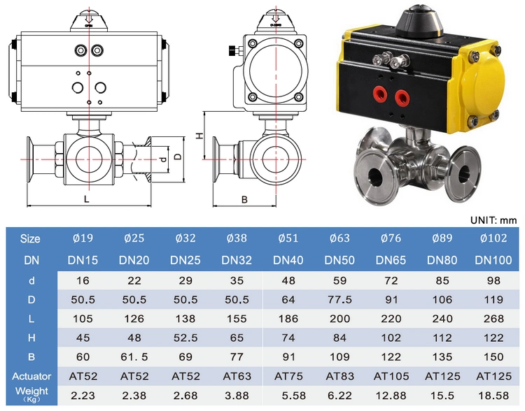 3 Way Tri Clamp Sanitary 304 Stainless Steel Pneumatic Actuated Food Grade Ball Valve