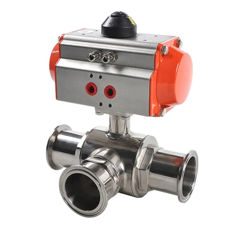 3 Way Tri Clamp Sanitary 304 Stainless Steel Pneumatic Actuated Food Grade Ball Valve
