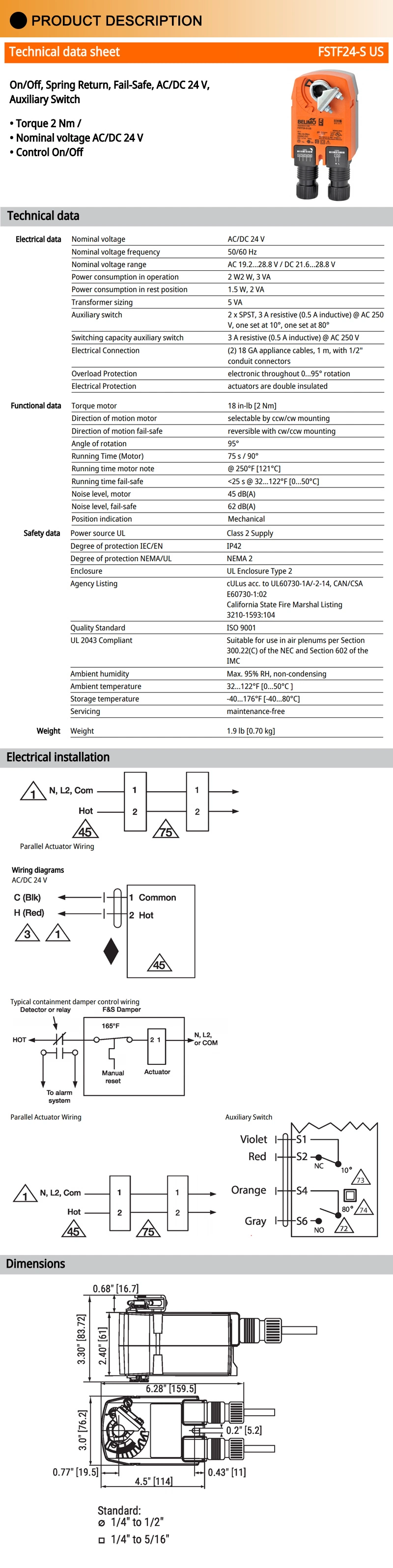 Belimo Fstf24-S Us Spring- Return Actuator for Fire and Smoke