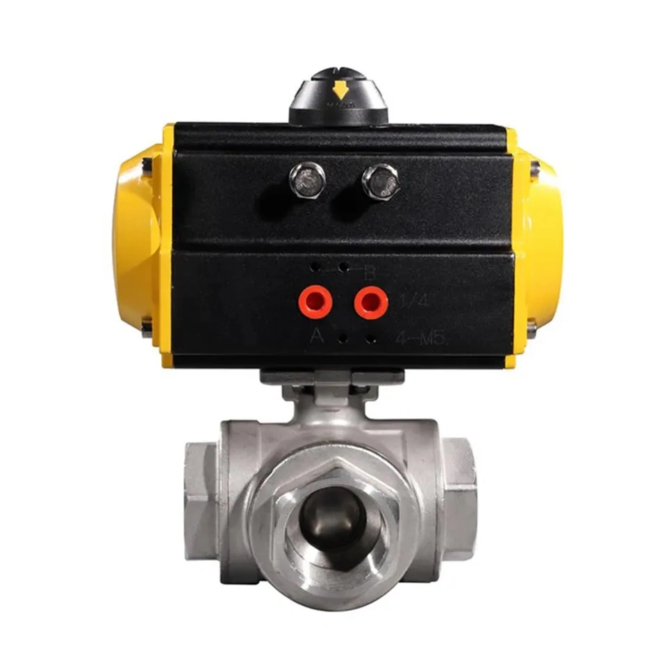 DN40 1.5 Inch Three Way NPT Threaded Ss 304 Pneumatic Actuated Ball Valve