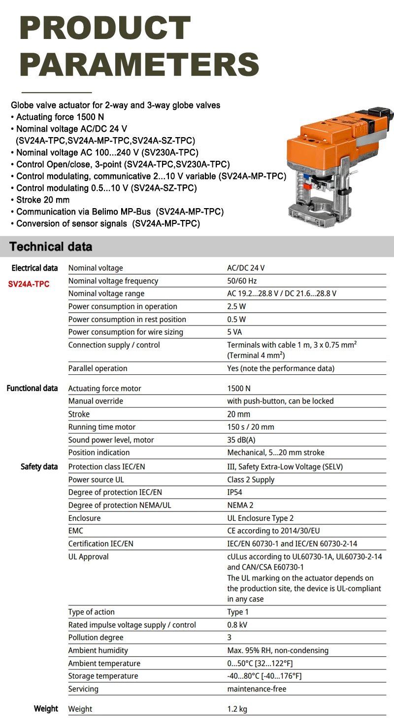 Belimo 1500n Sv24A-Sz-Tpc Globe Valve Actuator with Stroke 20mm and 0.5-10V Control