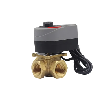 Actuador rotativo de válvula de bola motorizada de 3 vías. Válvula de mezcla termostática de agua con desvío y actuador eléctrico.
