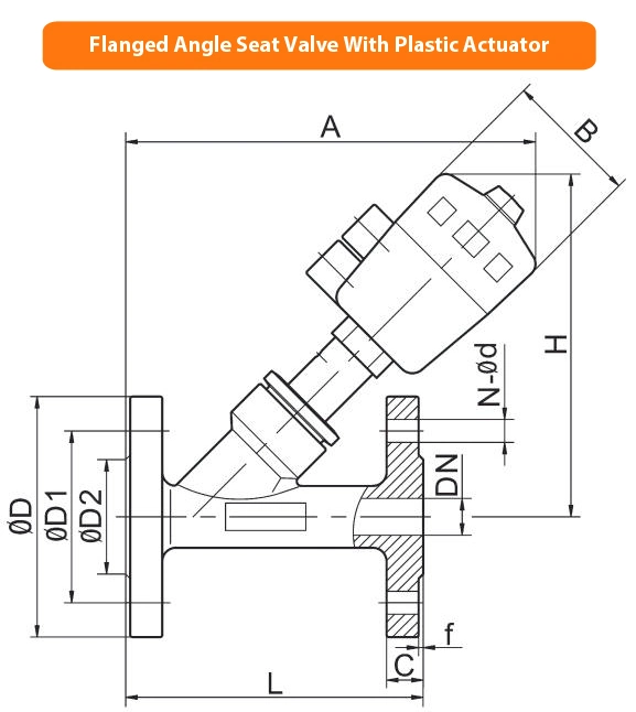 DN15 to DN100 Flanged Y Type Stainless Steel 304 316 Air Actuated Piston Operated Pneumatic Angle Seat Valve