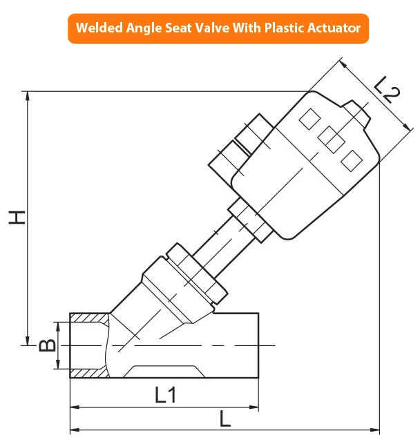DN15 to DN50 Welded Y Type Stainless Steel 304 316 Air Actuated Piston Operated Pneumatic Angle Seat Valve