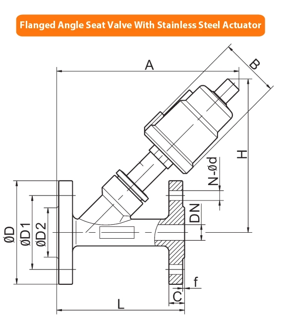 DN15 to DN100 Flanged Y Type Stainless Steel 304 316 Air Actuated Piston Operated Pneumatic Angle Seat Valve