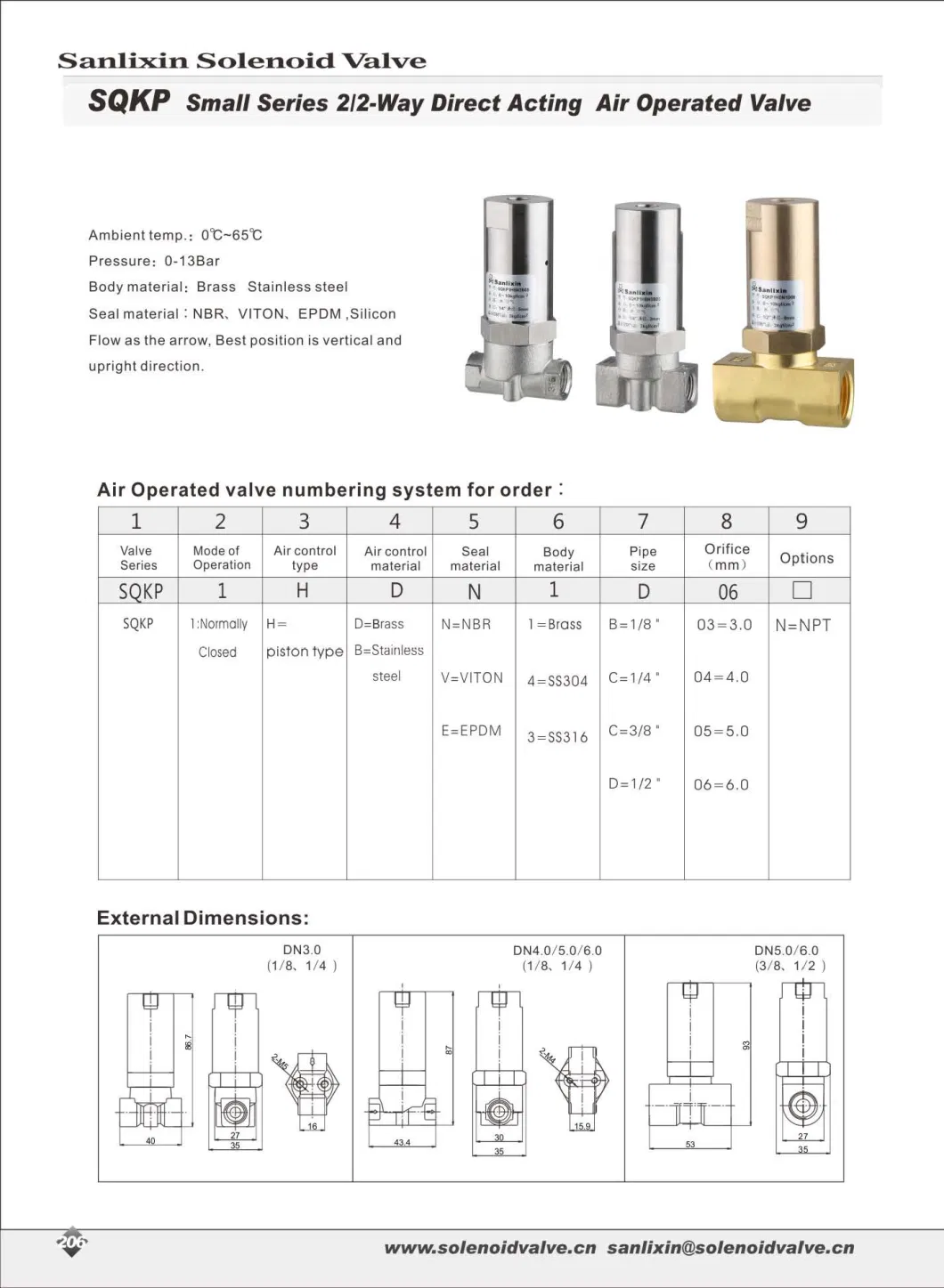 Sqkp Small Series 2/2 Way Direct Acting Air Operated Valve