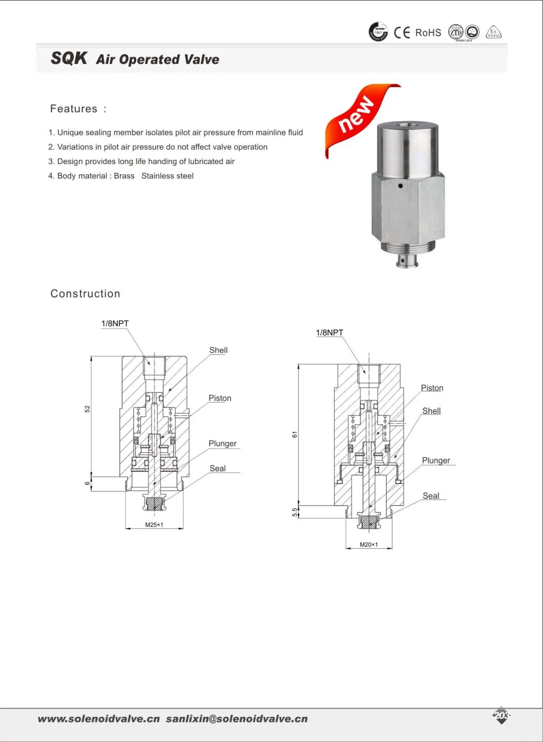 Sqk Air Operated Valve Brass &amp; Stainless Steel