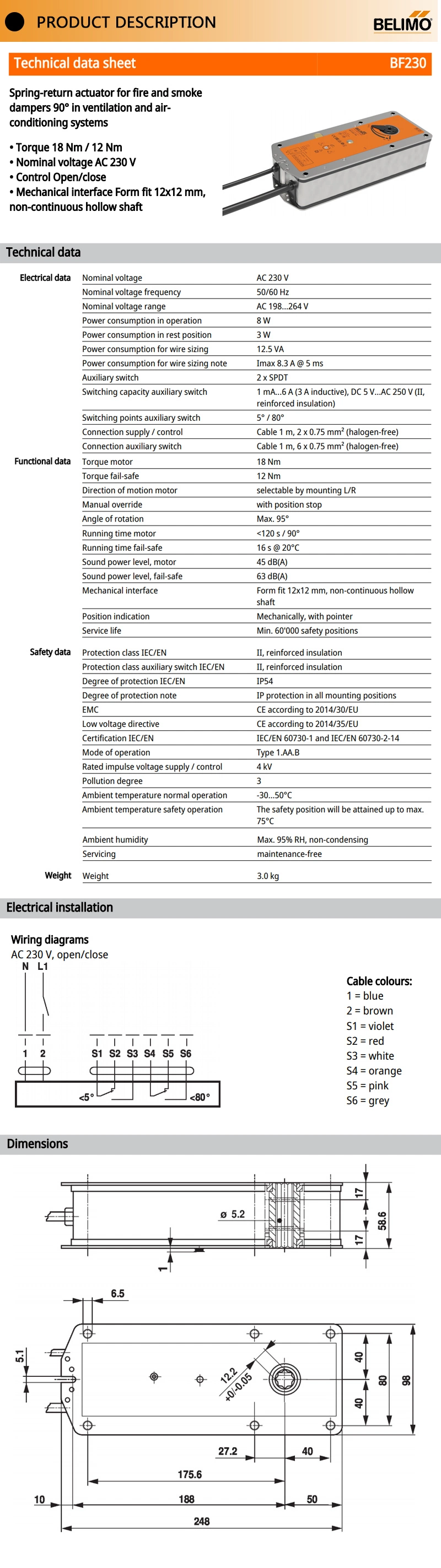 Belimo Bf230 Spring-Return Actuator for Fire and Smoke Dampers for Ventilation Systems