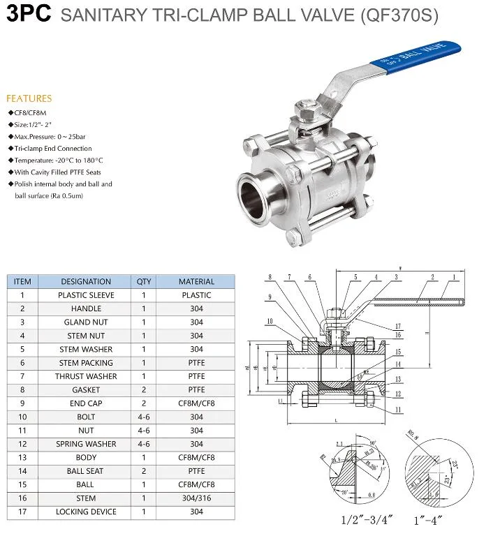 Stainless Steel 316L 3PC Sanitary Sanitary Milk Food Grade No Retention Tri-Clamp Ball Valve Pn64 Pn63 Pn40 Pn16 Control Valve Pneumatic Electric Actuator