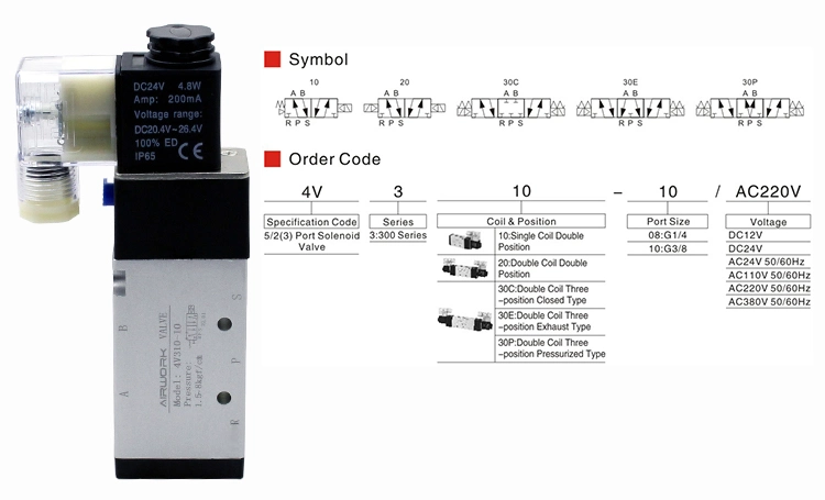 4V310 Electrical Operated Directional Control 5 2 Pneumatic Electromagnetic Valve Solenoid Operated