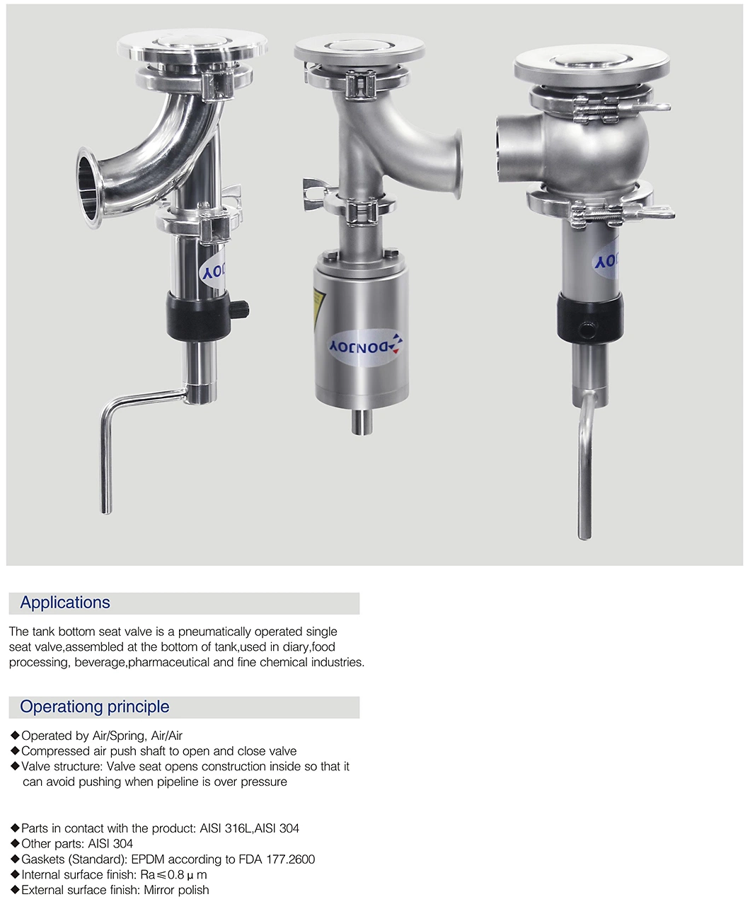 3A Hygienic Air Operated Tank Bottom Valve for Dairy Beverage Pharmaceutical